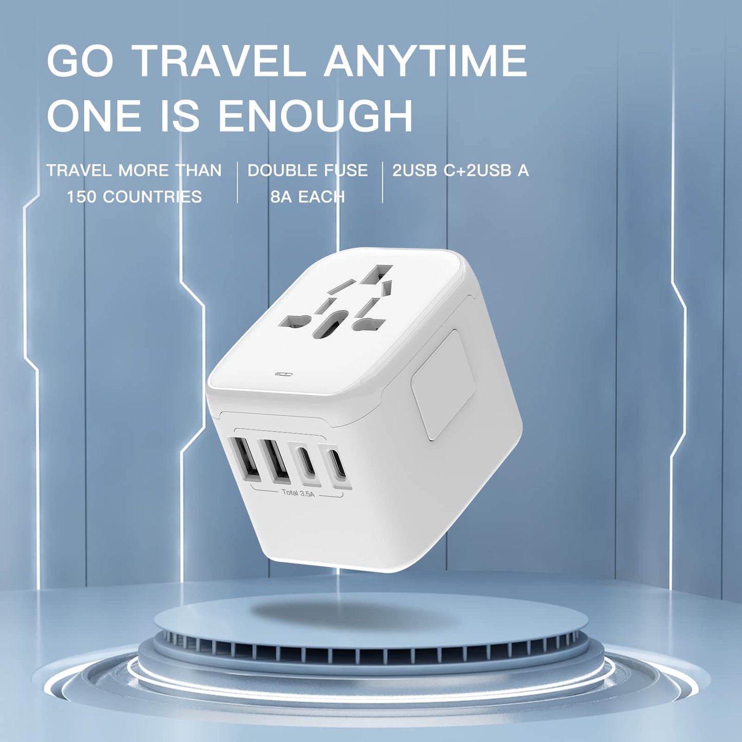 VYLEE Universal International Power Travel Plug Adapter, 5 in 1 European Travel Plug Adapter W/ 3.5A 2xUSB-A and 2xUSB C Wall Charger and Worldwide AC Outlet for Europe USA UK AUS Asia (White)