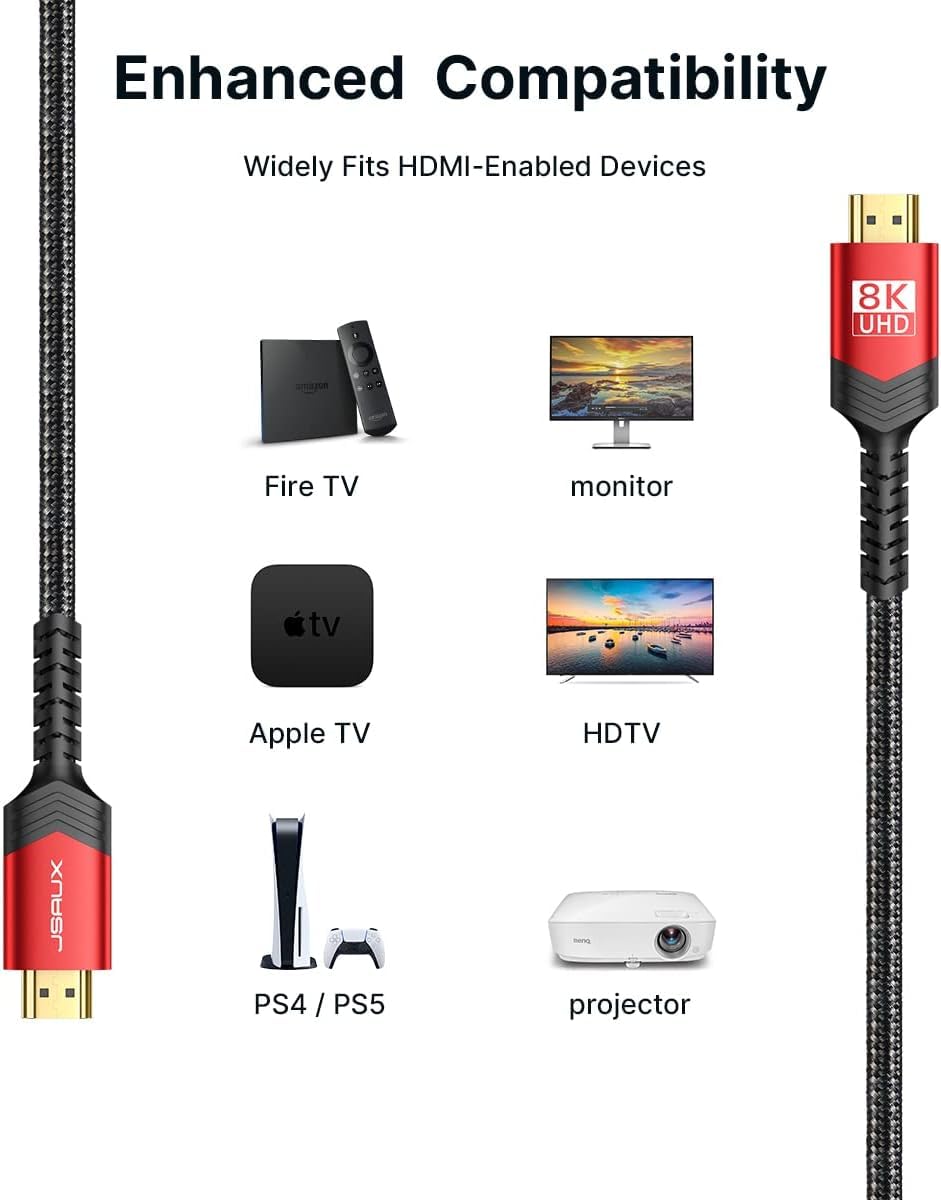 JSAUX 10K/8K HDMI Cable 2.1 [2 Pack 6ft], HDMI to HDMI 8K@60Hz 4K@144Hz
