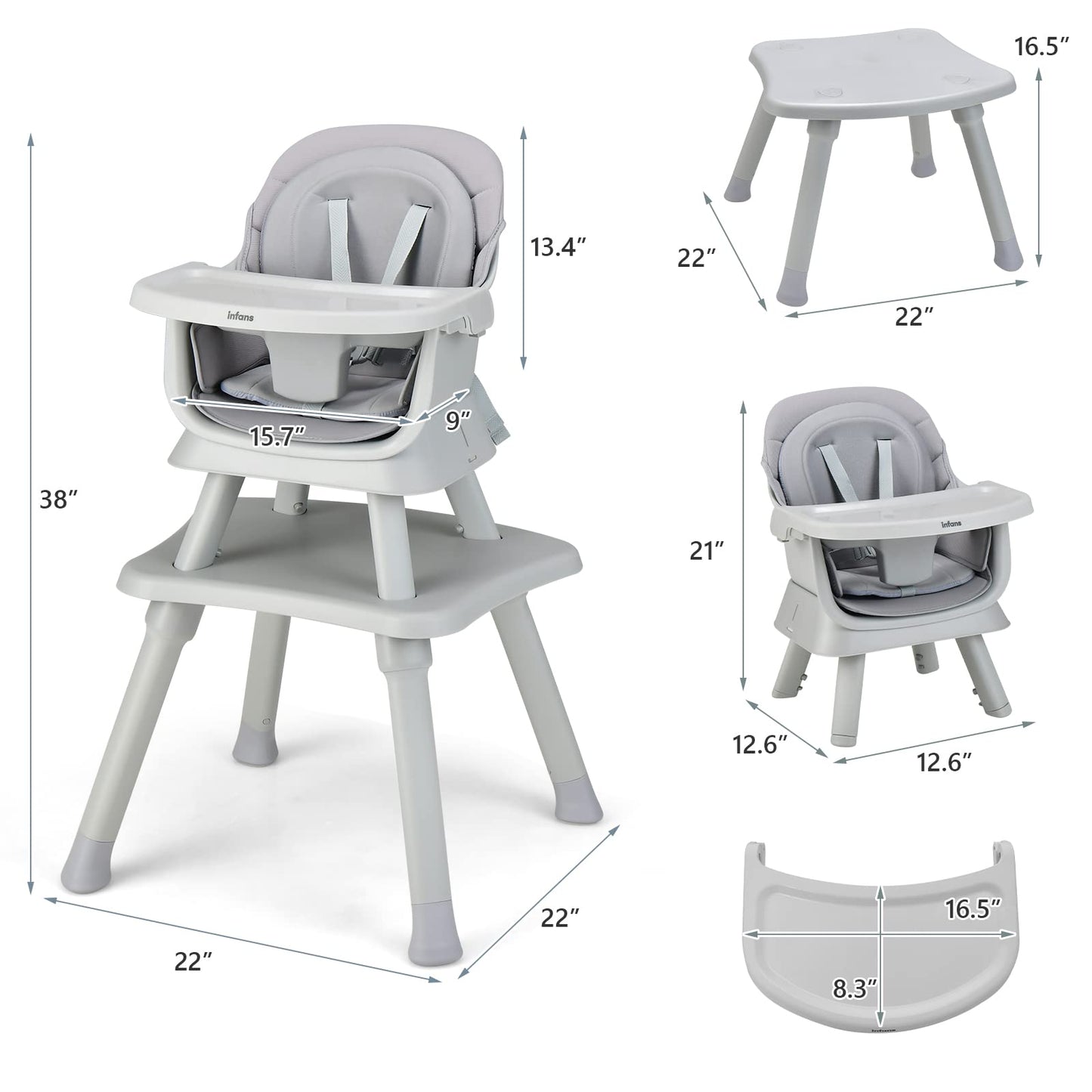 INFANS 8 in 1 Baby High Chair, Convertible Highchair for Babies and Toddlers, Infant Dining Booster Seat, Building Block Table, Kids Stool Table Chair Set with Removable Tray (Grey) INFANS