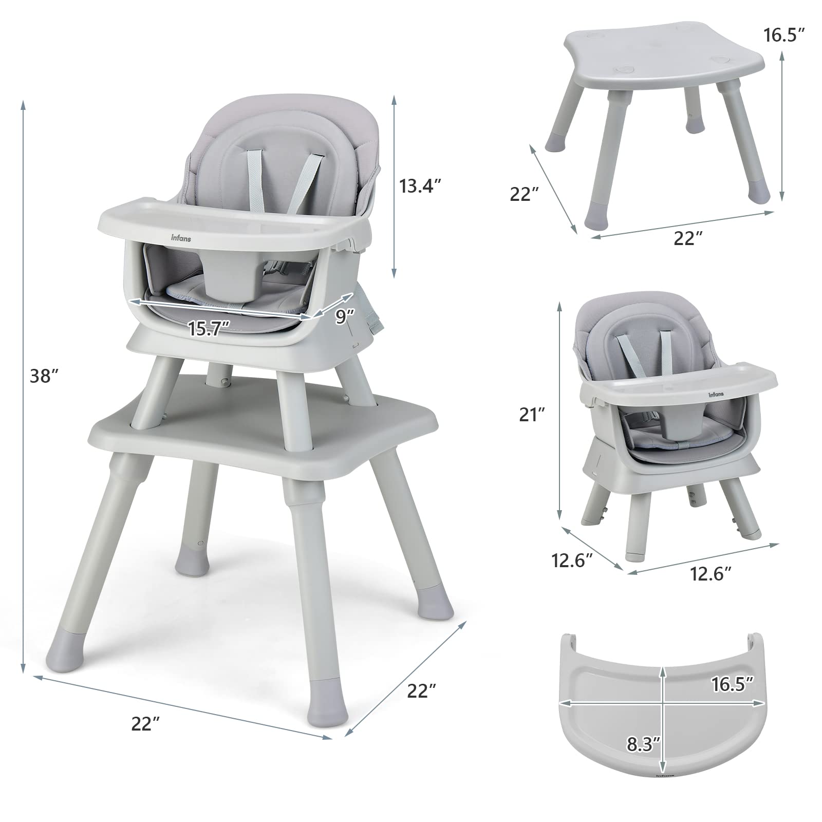 INFANS 8 in 1 Baby High Chair, Convertible Highchair for Babies and Toddlers, Infant Dining Booster Seat, Building Block Table, Kids Stool Table Chair Set with Removable Tray (Grey) INFANS
