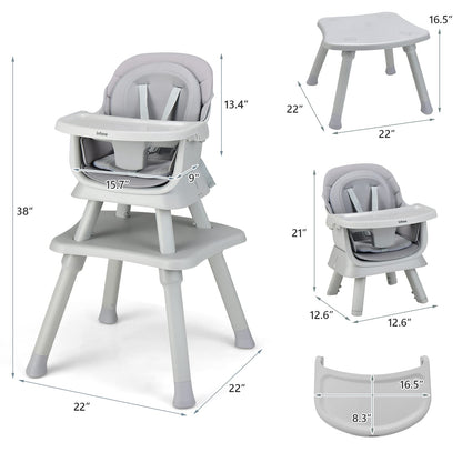 INFANS 8 in 1 Baby High Chair, Convertible Highchair for Babies and Toddlers, Infant Dining Booster Seat, Building Block Table, Kids Stool Table Chair Set with Removable Tray (Grey) INFANS