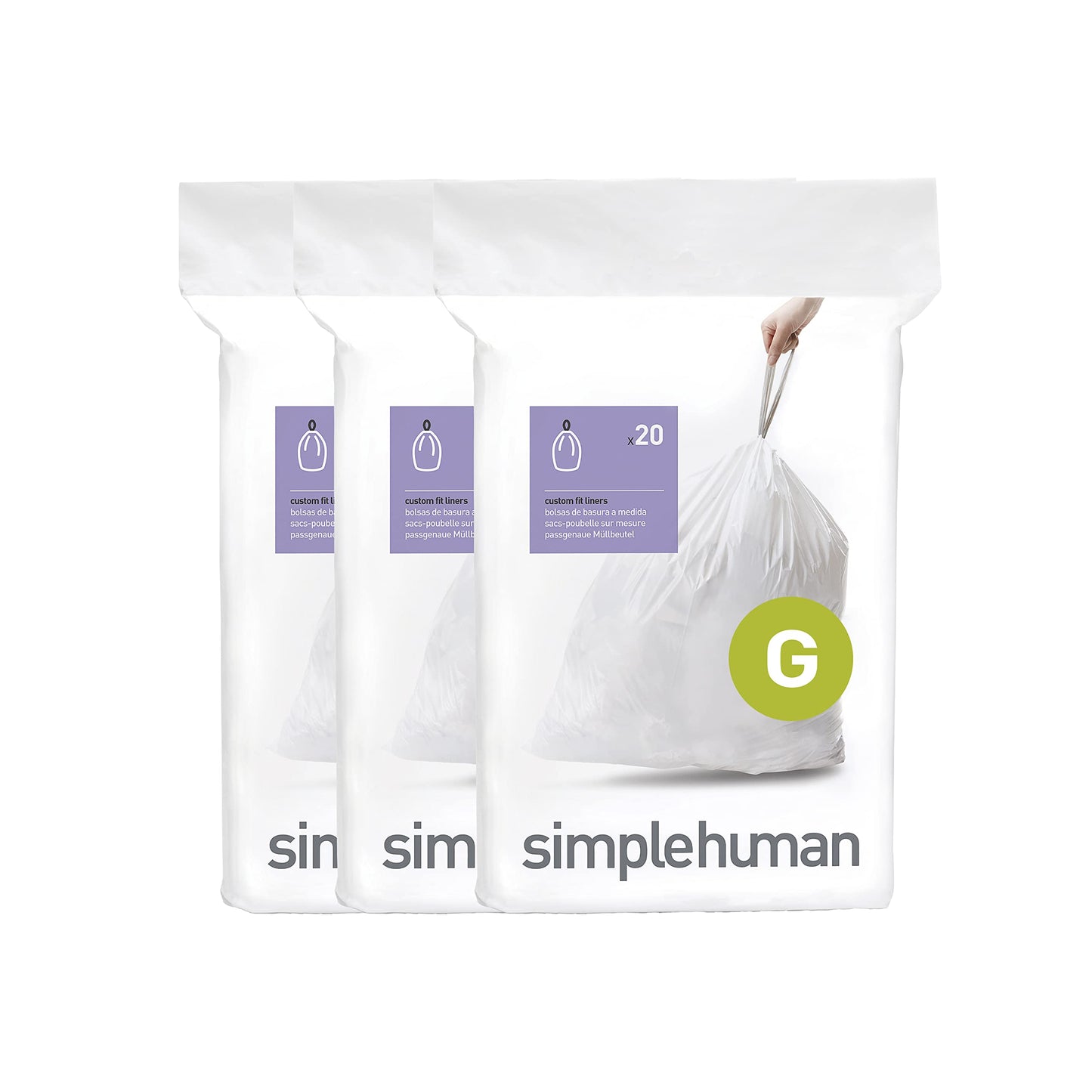 simplehuman Code G 60 Count, Dispenser Pack Custom Fit Liners, Drawstring Trash Bags, 30L / 8 Gallons, White simplehuman