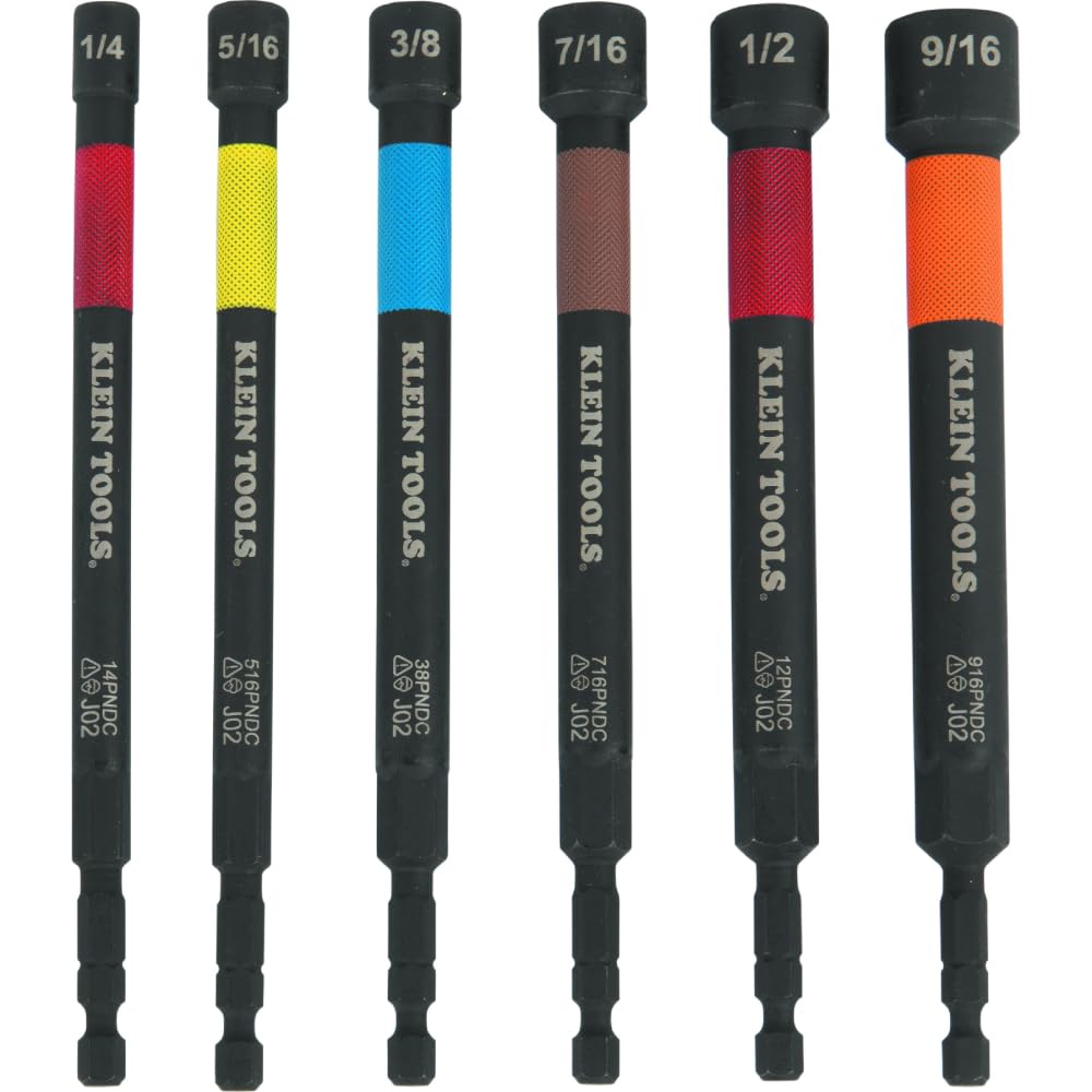 Klein Tools 32930 Magnetic Impact Nut Setter Set, 6-Piece Color Coded Power Nut Driver with Extended Reach, 6 Sizes