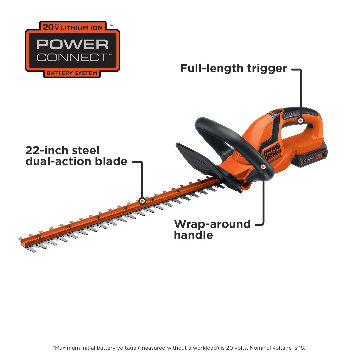 BLACK+DECKER 20V MAX* Cordless Hedge Trimmer, 22-Inch, Dual Action Blades (LHT2220-CA) - Available at All In One Marketplace Canada