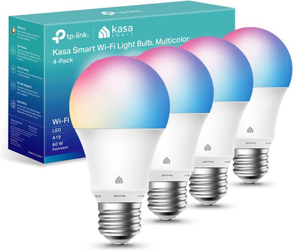Kasa Smart Light Bulbs, Full Colour Changing Dimmable Smart WiFi Bulbs Compatible with Alexa and Google Home, A19, 9W 800 Lumens,2.4Ghz only, No Hub Required, 4-Pack (KL125P4), Multicolour Kasa Smart
