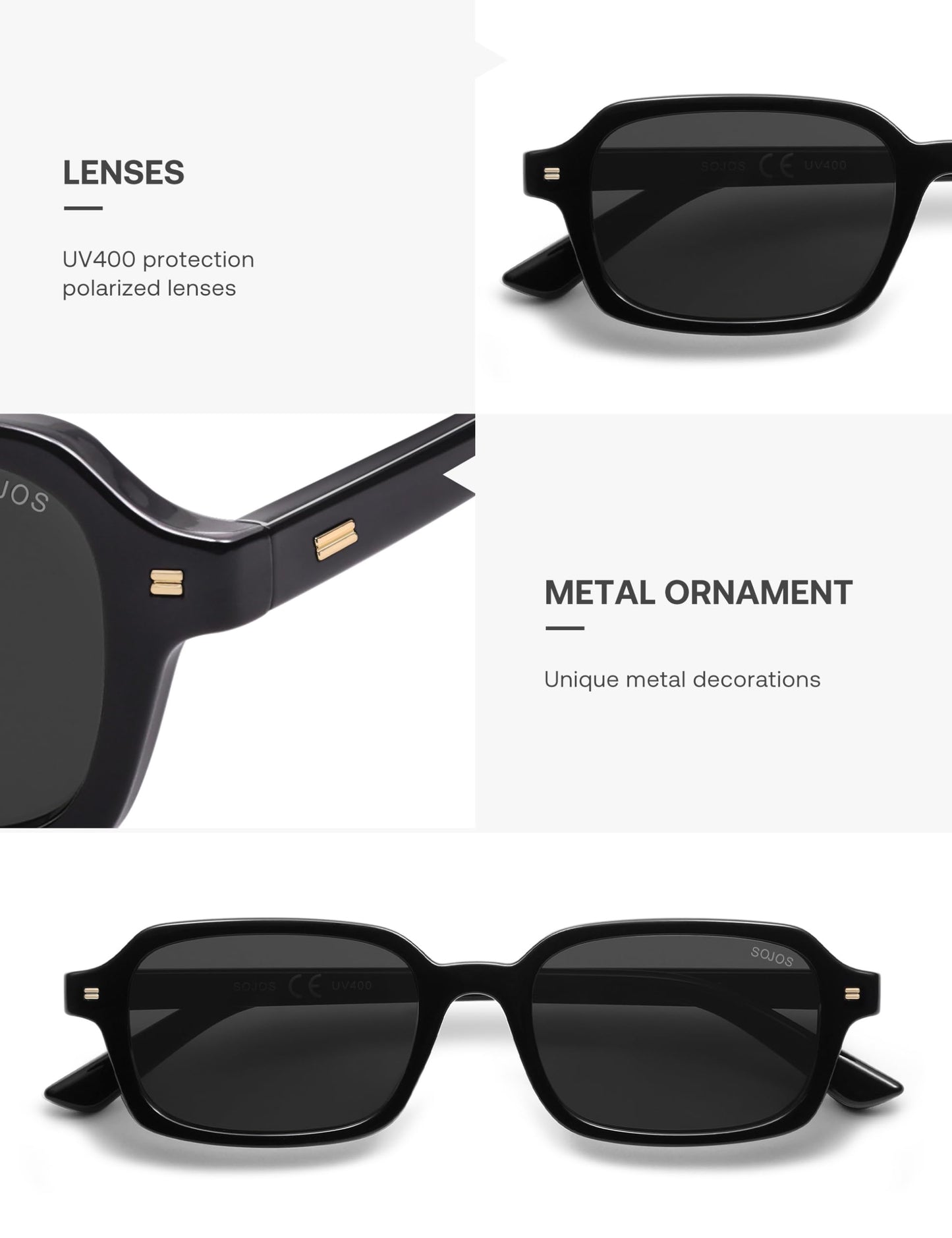 SOJOS Trendy Rectangle Polarized Sunglasses Womens Mens, Small Retro Fashion Thin Slim Square Sunnies SJ2610, Black/Grey