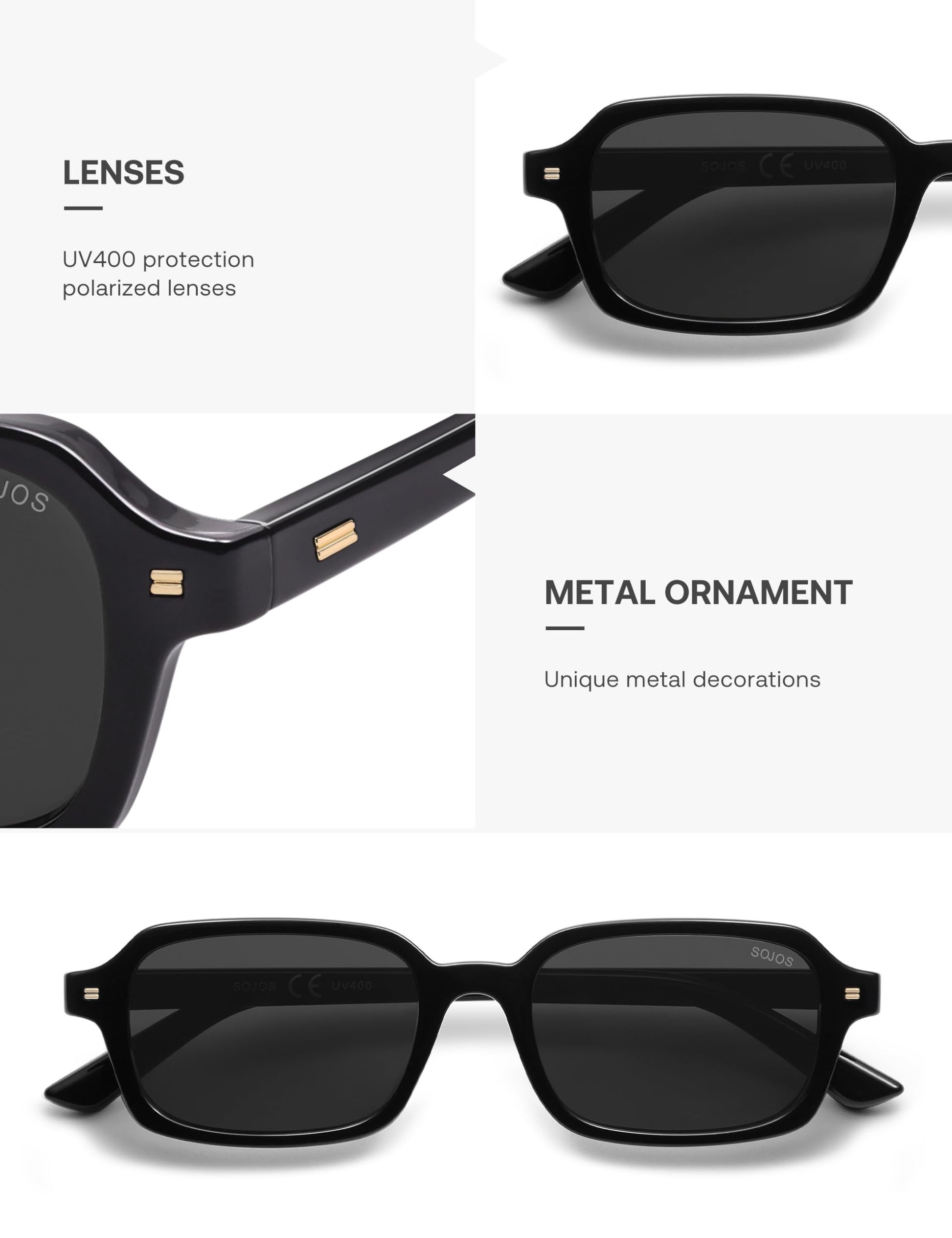 SOJOS Trendy Rectangle Polarized Sunglasses Womens Mens, Small Retro Fashion Thin Slim Square Sunnies SJ2610, Black/Grey