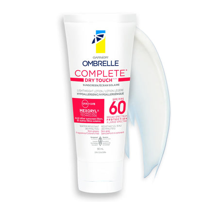 Garnier Ombrelle Complete Dry Touch Sunscreen Lotion, SPF 60, Travel Sunscreen, For Face & Body, For Sensitive Skin, Water-Resistant, Non-Sticky, Very High Broad Spectrum UVA/UVB Protection, 90ml - Available at All In One Marketplace Canada