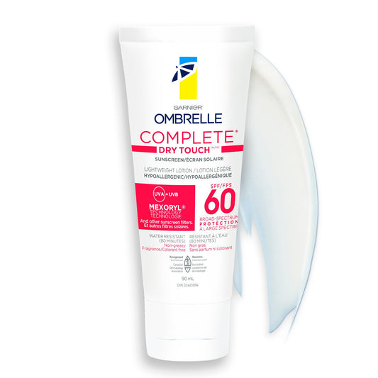 Garnier Ombrelle Complete Dry Touch Sunscreen Lotion, SPF 60, Travel Sunscreen, For Face & Body, For Sensitive Skin, Water-Resistant, Non-Sticky, Very High Broad Spectrum UVA/UVB Protection, 90ml - Available at All In One Marketplace Canada