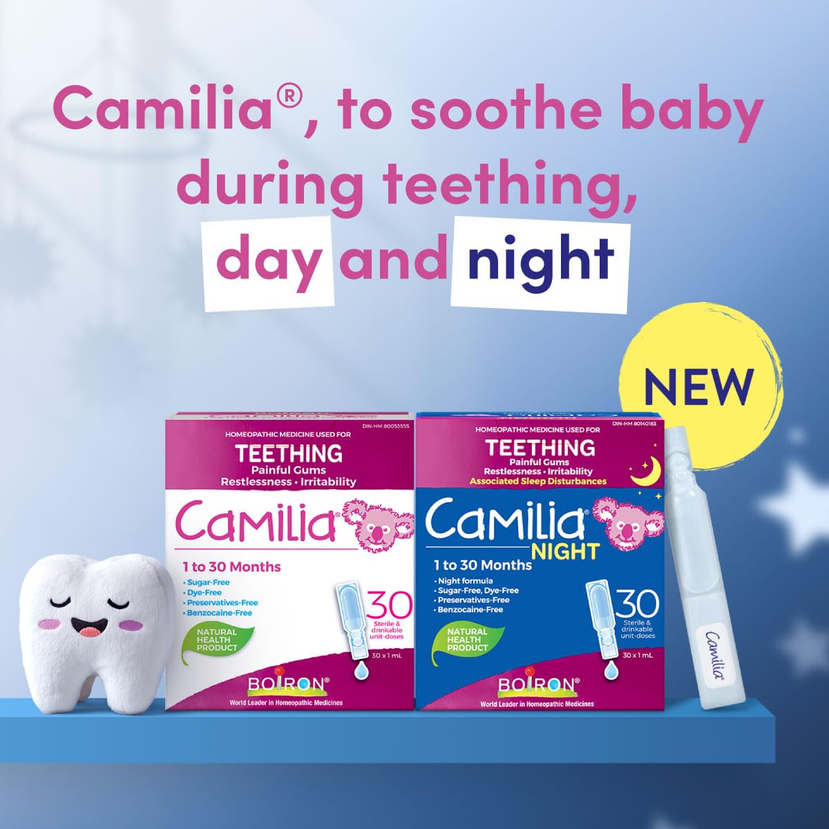 Boiron Camilia Baby Teething 60 unit-doses (twin pack). Camilia used for pain, restlessness, irritability and diarrhea due to teething. Benzocaine-Free and Preservative-Free,No Sugar, No Dye. 1 to 30 months