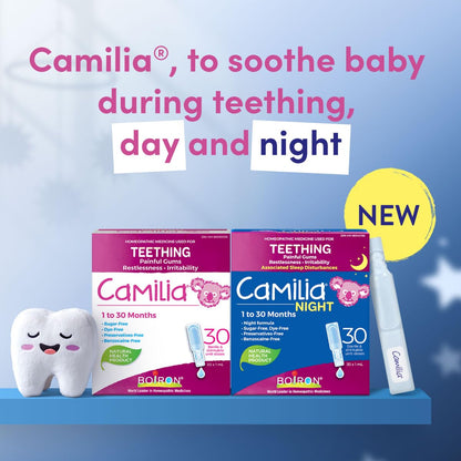 Boiron Camilia Baby Teething 60 unit-doses (twin pack). Camilia used for pain, restlessness, irritability and diarrhea due to teething. Benzocaine-Free and Preservative-Free,No Sugar, No Dye. 1 to 30 months