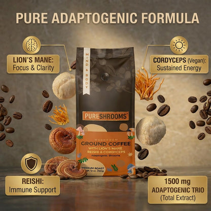PureShrooms Mushroom Ground Coffee – Medium Roast Arabica with Lion's Mane, Reishi & Cordyceps – 340g