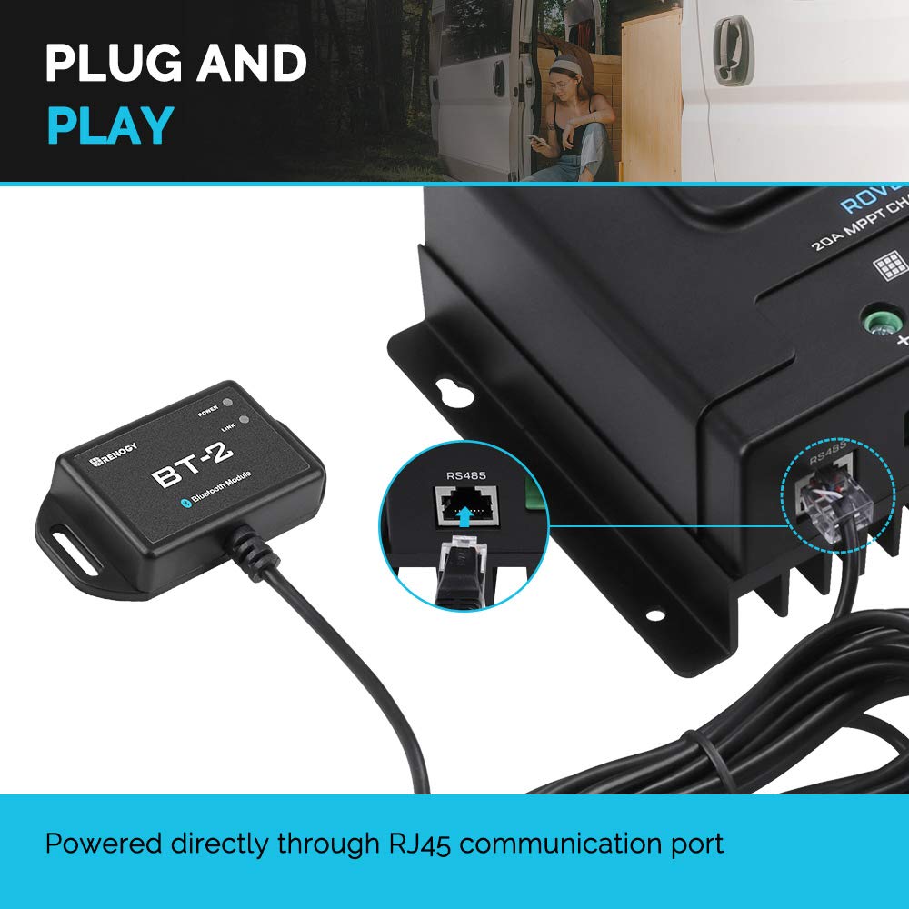Renogy BT-2 Bluetooth Module RJ45 Communication Port Wirelessly Monitor Real-time Insight Precise Control, Compatible Solar Charge Controllers, Battery Charger, Inverter, BT-2 RS485 Renogy
