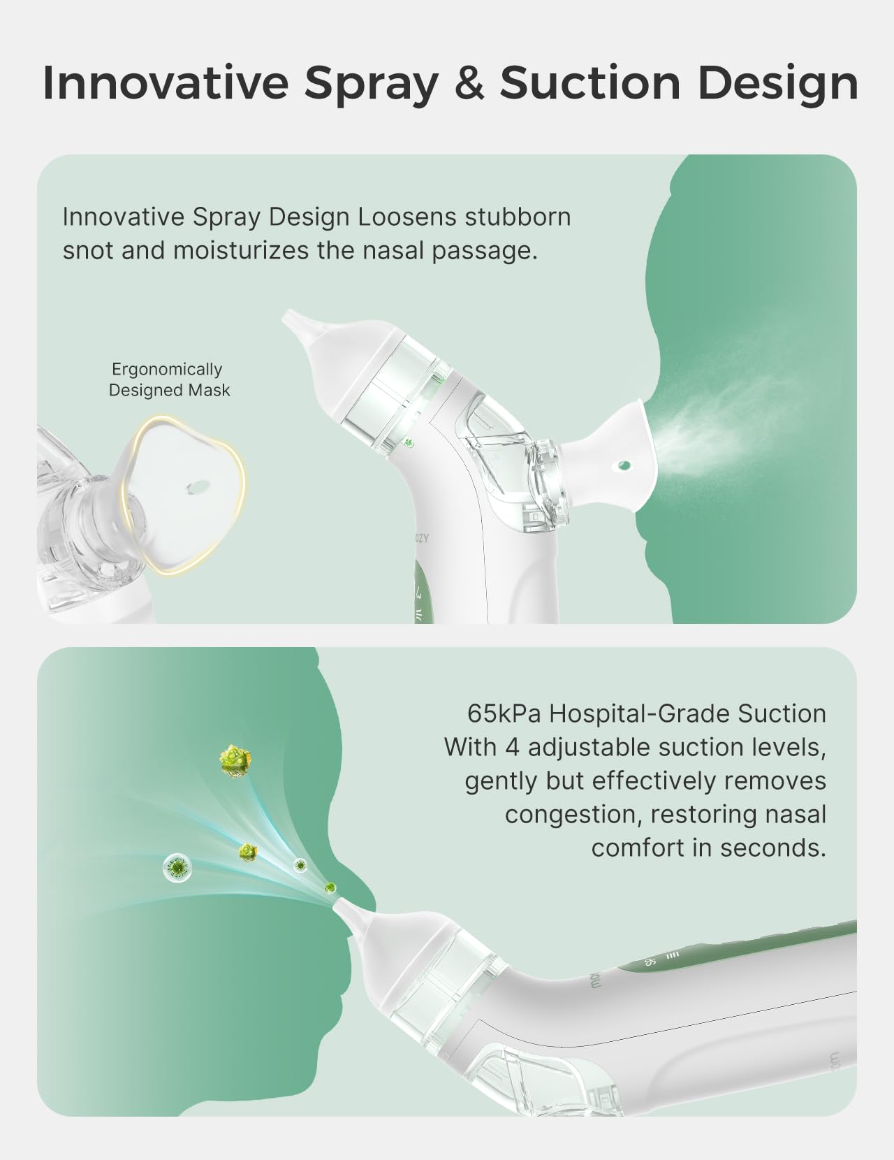 Momcozy BreezyClear™ Aspirateur nasal électrique 2-en-1 avec spray et aspiration pour bébé, 4 niveaux d'aspiration réglables jusqu'à 65kPa (qualité hospitalière), nettoyeur de nez silencieux et portable avec lumière apaisante et musique