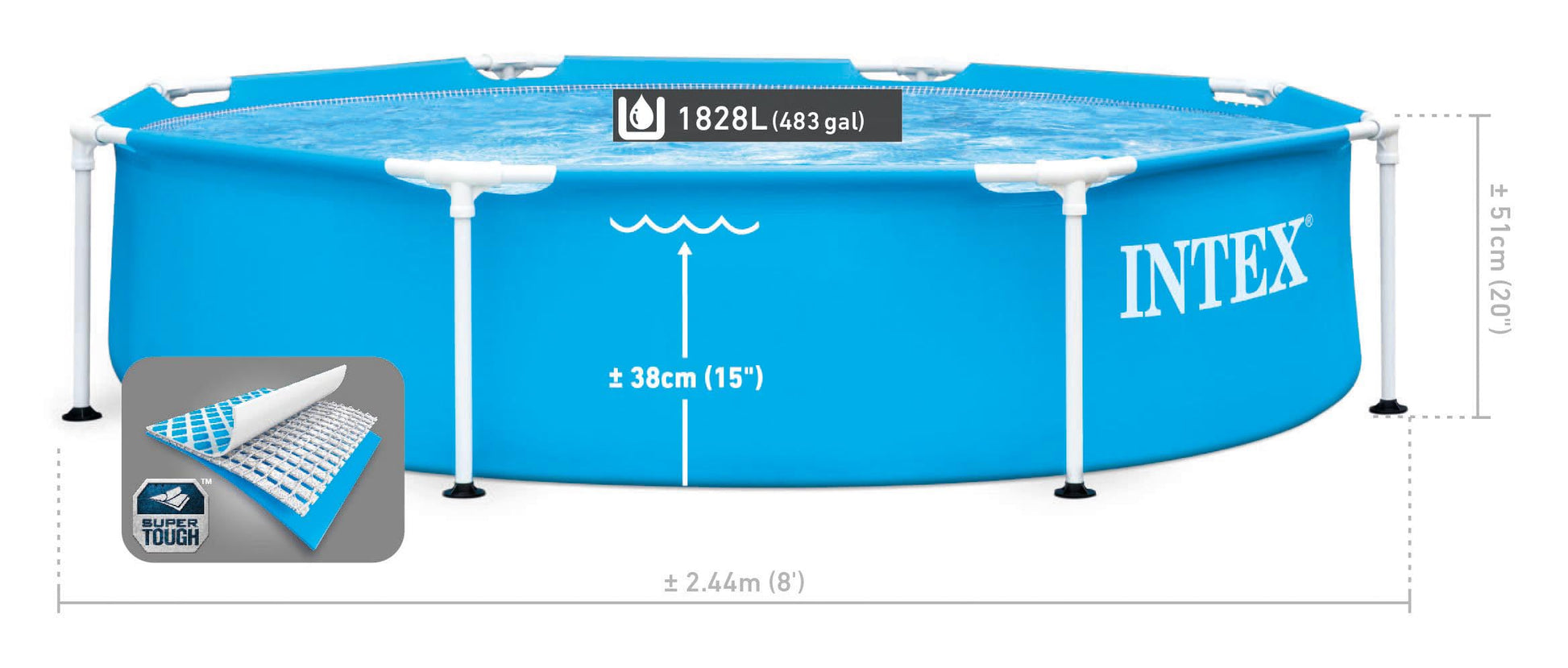 INTEX 28205EH Metal Frame Above Ground Swimming Pool: 8ft x 20in – Puncture-Resistant Material – Easy Assemble – Rust Resistant – 483 Gallon Capacity Intex