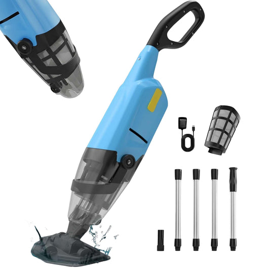 Hushlight Pool Vacuum Above Ground Pool – 60min Runtime & 7.5FT Aluminum Pole, Powerful Suction, Lightweight Cordless Handheld Rechargeable Pool Cleaner with 120μm Fine Filter (Blue) - Available at All In One Marketplace Canada