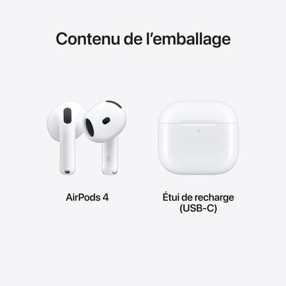 Écouteurs sans fil Apple AirPods 4, Casque Bluetooth, Audio spatial personnalisé, Résistants à la sueur et à l'eau, Boîtier de charge USB-C, Puce H2, Jusqu'à 30 heures d'autonomie