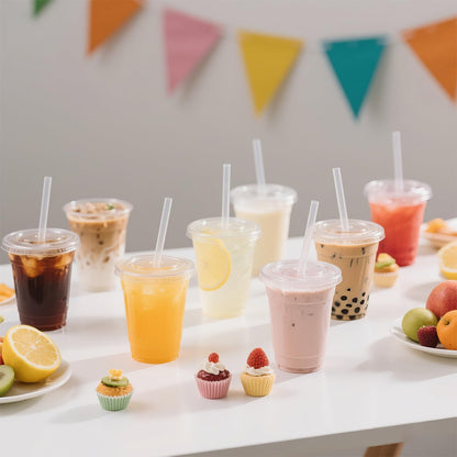 Joyeux 100 Pack 16 oz Clear Plastic Cups with Lids and Straws - Disposable Iced Coffee Cups for Matcha, Milkshakes, Smoothies and to go Drinks - Available at All In One Marketplace Canada