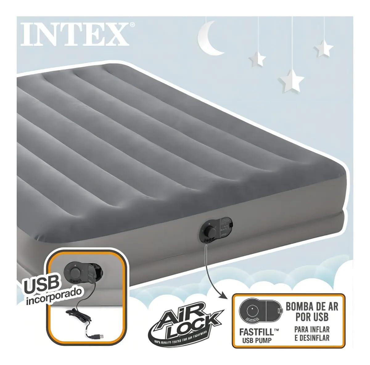 INTEX 64114E Dura-Beam Standard Prestige Air Mattress: Fiber-Tech – Queen Size – Built-in USB Electric Pump – 12in Bed Height – 600lb Weight Capacity Intex