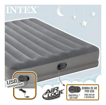 INTEX 64114E Dura-Beam Standard Prestige Air Mattress: Fiber-Tech – Queen Size – Built-in USB Electric Pump – 12in Bed Height – 600lb Weight Capacity Intex