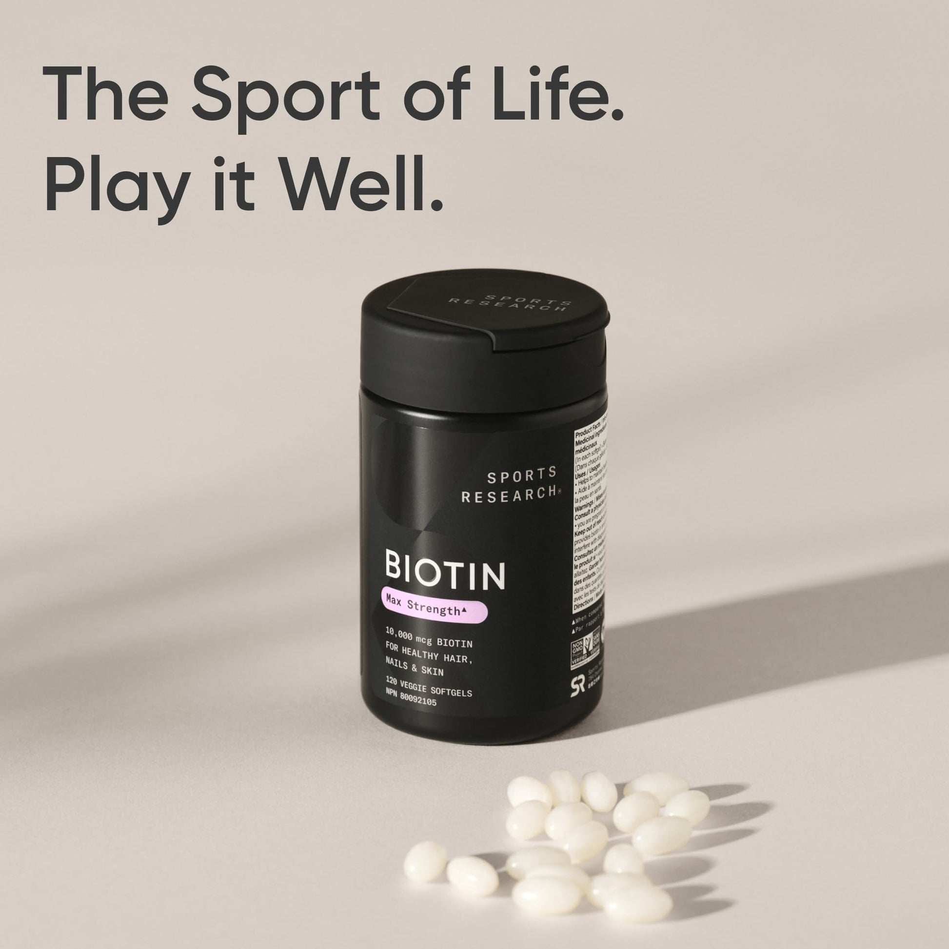 Sports Research® Max Strength Vegan Biotin 10,000mcg with Organic Coconut Oil - Helps to Maintain Healthy Hair, Nails and Skin - Great for Women & Men - 120 Veggie Softgels - Available at All In One Marketplace Canada