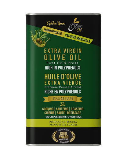 Golden Spoon Premium Extra Virgin Olive Oil 3L – Award-Winning Cold-Pressed Chemlali Variety, Low Acidity (0.18%), Polyphenol-Rich
