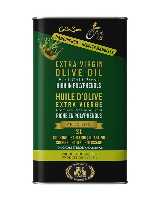 Golden Spoon Premium Extra Virgin Olive Oil 3L – Award-Winning Cold-Pressed Chemlali Variety, Low Acidity (0.18%), Polyphenol-Rich