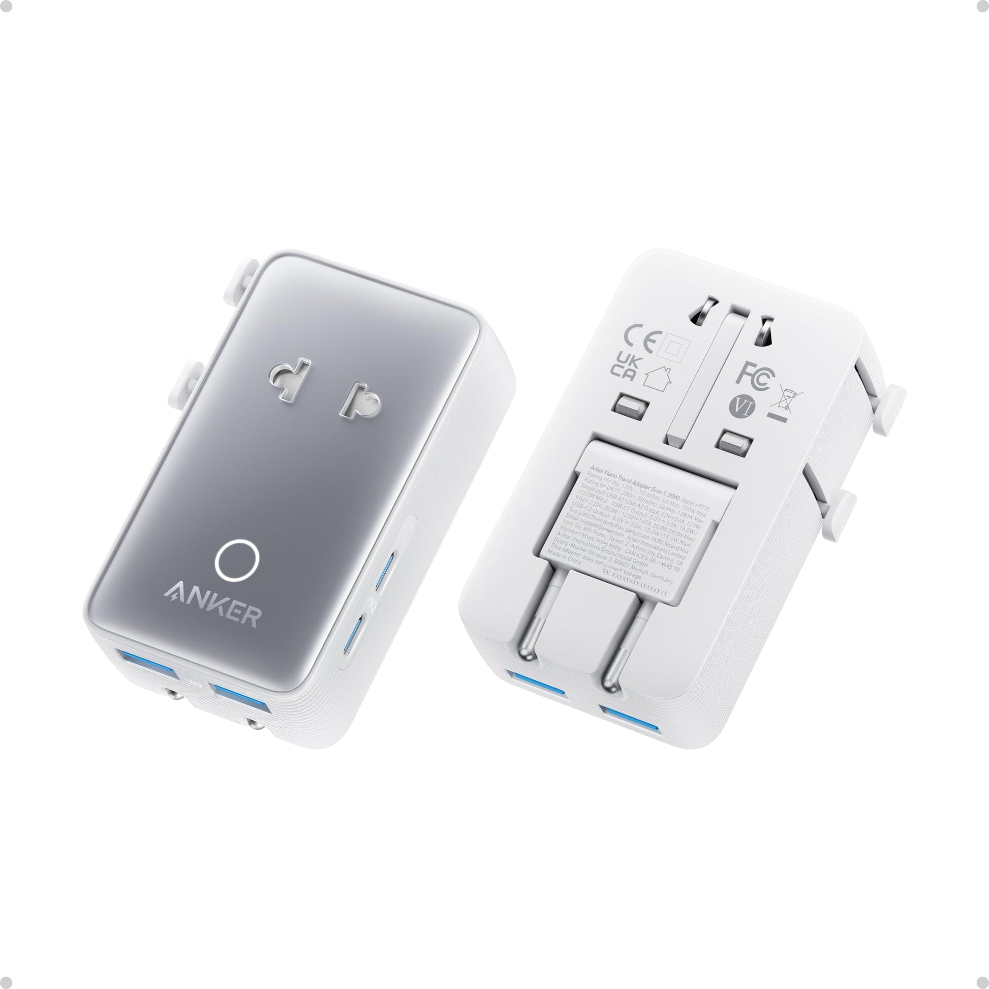 Anker Nano European Travel Plug Adapter, 5-Port Fordable Travel Adapter with 1AC 2USB-A 2USB-C Ports,Temperature Control, Essentials for Over 200 Countries, Ideal for Travel (1-Pack) (White) - Available at All In One Marketplace Canada
