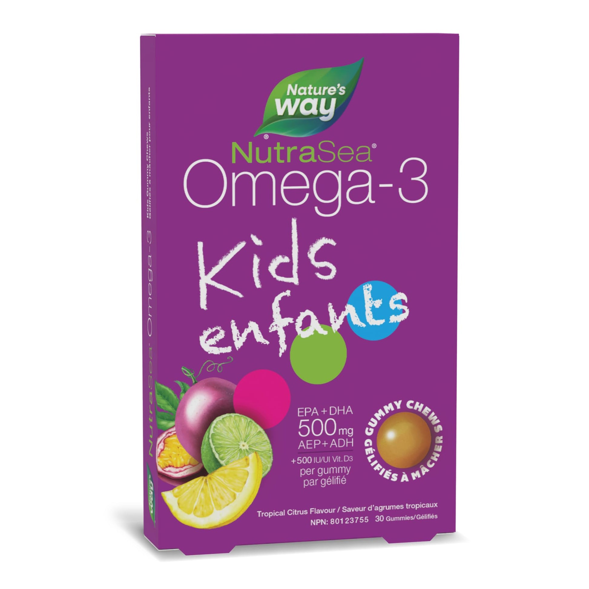 Nature's Way NutraSea Omega 3 Kids Gummy Chews Supplement with Fish Oil – Tropical Citrus Flavour – Brain, Bone & Immune Support for Kids Ages 3+ – 500mg EPA & DHA + 500IU Vitamin D3, 30 Gummies - Available at All In One Marketplace Canada
