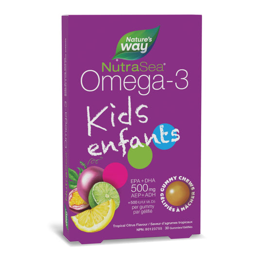 Nature's Way NutraSea Omega 3 Kids Gummy Chews Supplement with Fish Oil – Tropical Citrus Flavour – Brain, Bone & Immune Support for Kids Ages 3+ – 500mg EPA & DHA + 500IU Vitamin D3, 30 Gummies - Available at All In One Marketplace Canada