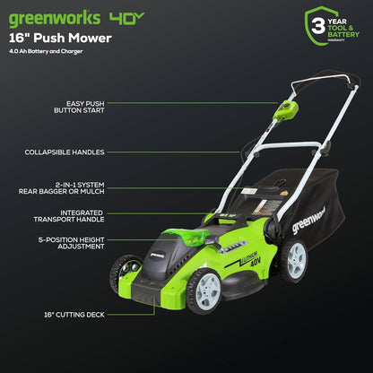 Greenworks 40V 16-inch Cordless Lawn Mower, 4.0 Ah Battery and Charger Included 25242 - Available at All In One Marketplace Canada