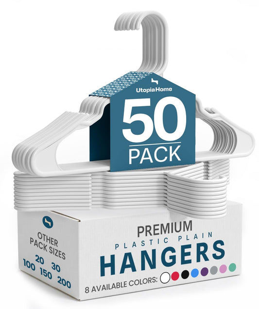 Utopia Home Plastic Hangers, 50 Pack, Clothes Hangers with Shoulder Grooves, Durable Space Saving Coat Hanger for Shirts, Pants, Skirts, Jackets, Blouses, Dresses and Everyday Wardrobe Use (White)