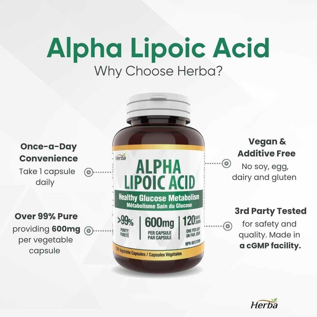 Herba Alpha Lipoic Acid 600mg – 120 Capsules | >99% Ultra Pure | Made in Canada | Blood Sugar Support Supplement - Available at All In One Marketplace Canada