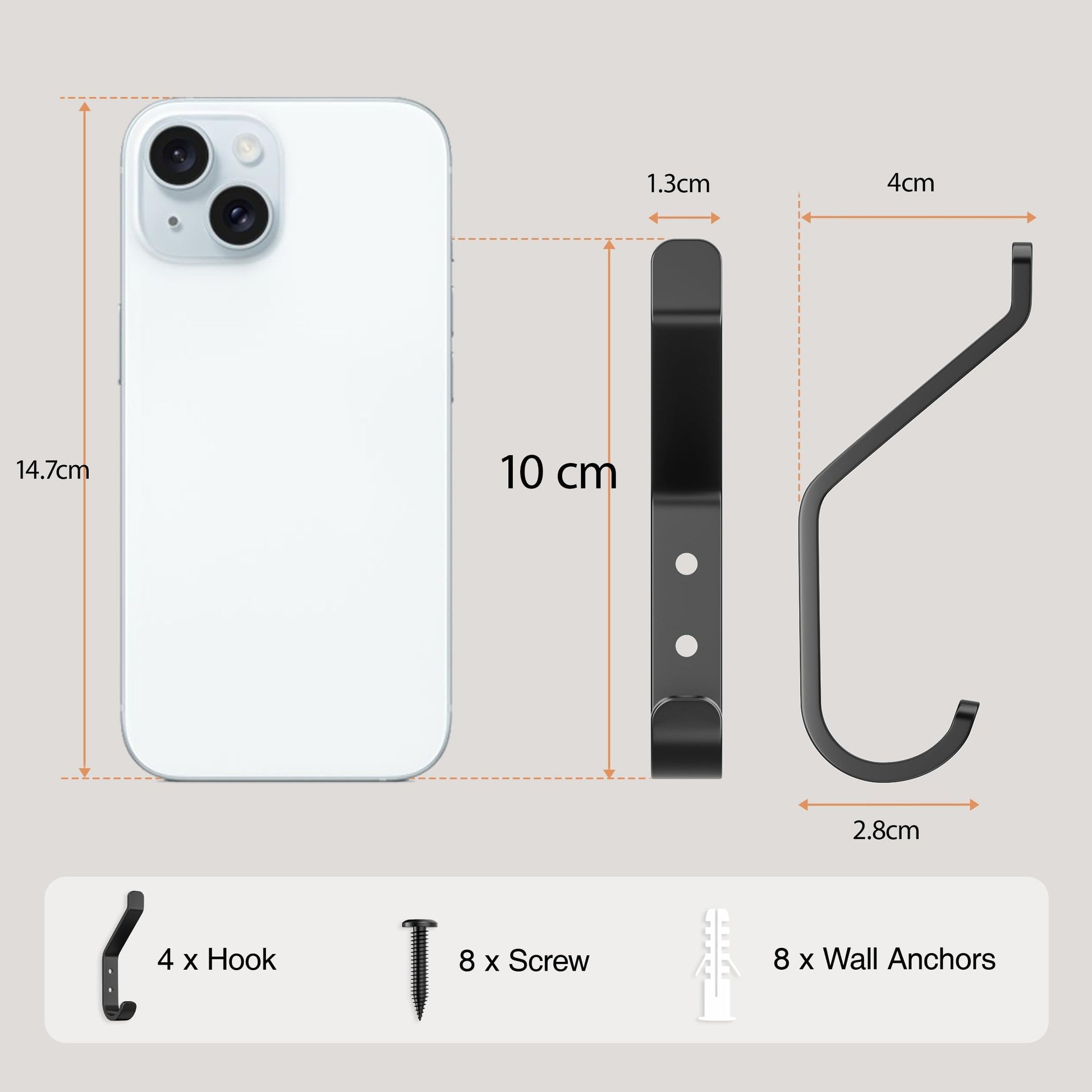 susswiff 10-Pack Coat Hook for Hanging, 10KG (Max), Stainless Wall Hooks for Towel, Hat, Backpack, Key, Clothes, Wall Mounted Coat Hanger for Closet, Black 10 CM - Available at All In One Marketplace Canada
