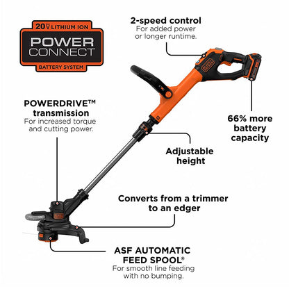 BLACK+DECKER 20V MAX Cordless String Trimmer with Power Drive Transmission, 2-Speed Control, Auto Feed, 12-Inch (LST522-CA) BLACK+DECKER