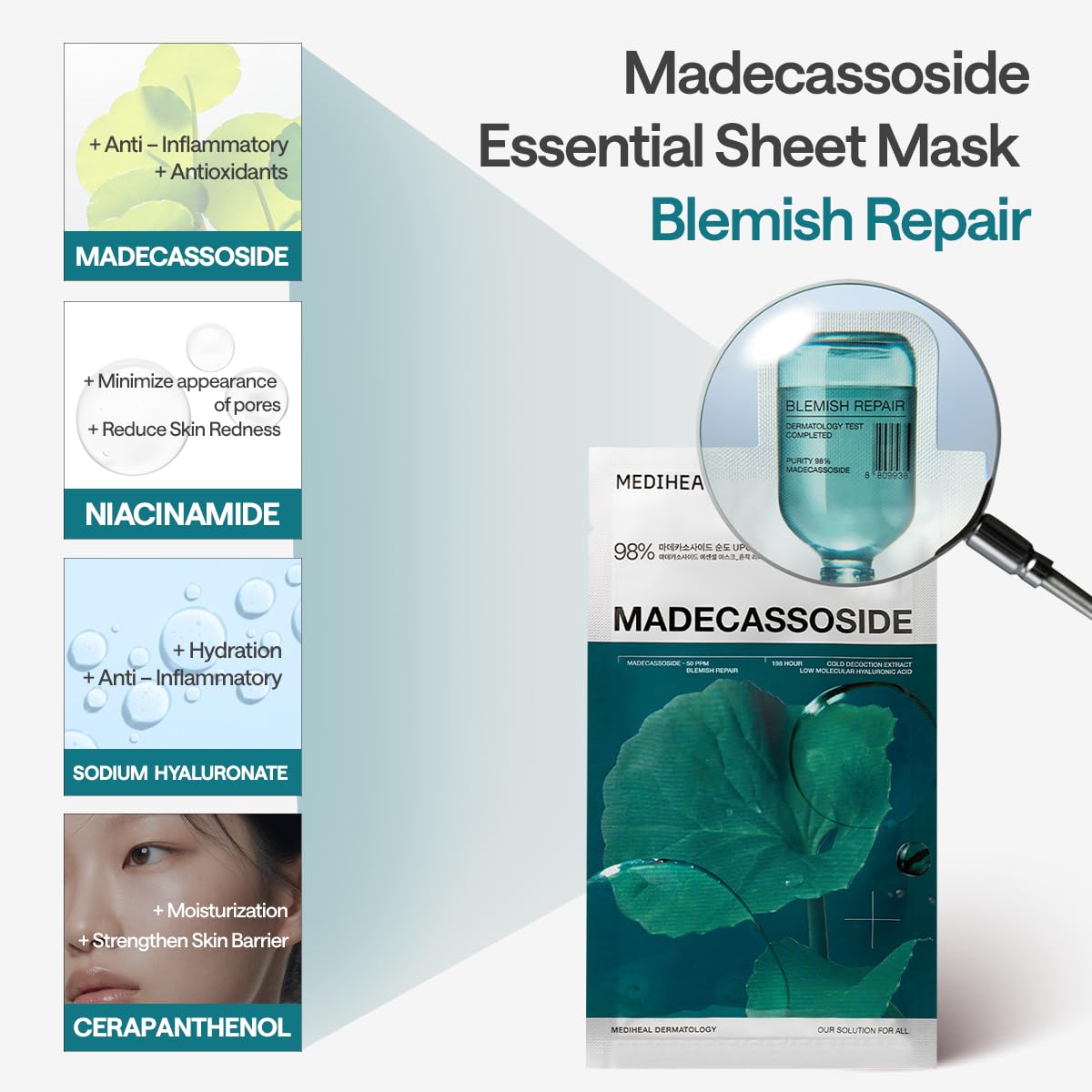 MEDIHEAL Madecassoside Essential Face Mask - Korean Skincare, Blemish Repair with Hyaluronic Acid, Moisture Barrier & Skin Texture Care for Women, Vegan Formula (10 Sheets)