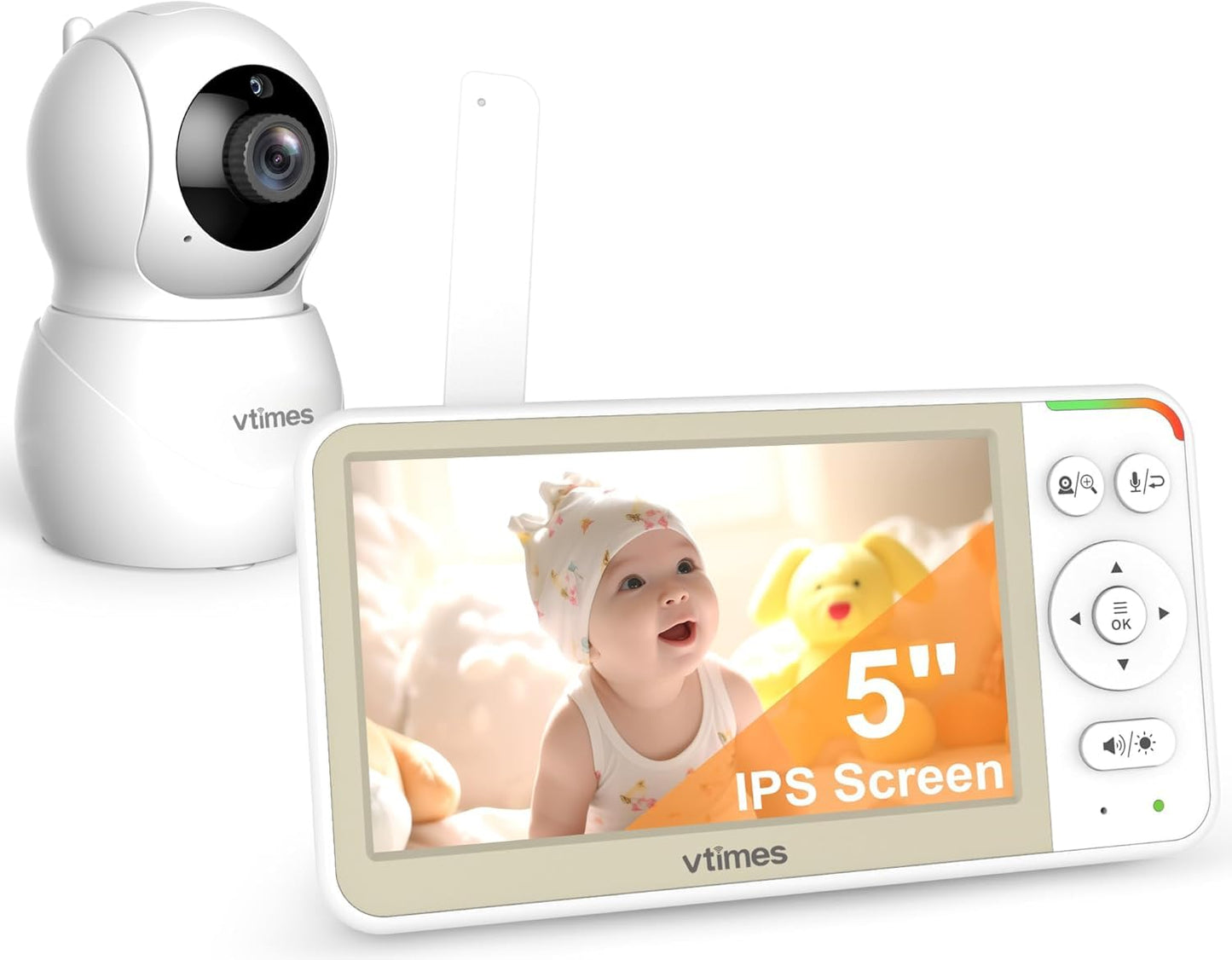 VTimes Baby Monitor No WiFi, 5" Screen Video Baby Monitor with 32Hr Battery, Pan-Tilt-Zoom Camera, VOX Mode, Two-Way Audio, Night Vision, Temperature Display, Lullabies, 1000ft Long Range