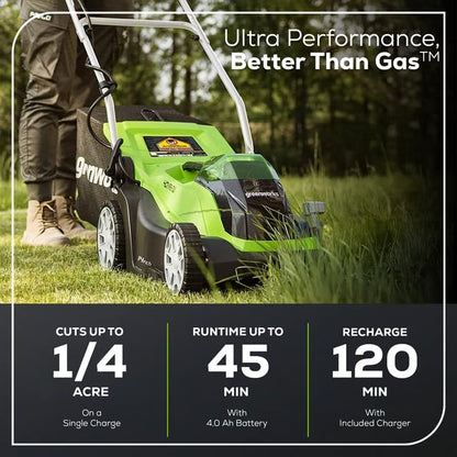 Greenworks 40V 14-inch Cordless Lawn Mower, 4.0 Ah Battery and Charger Included 2506302