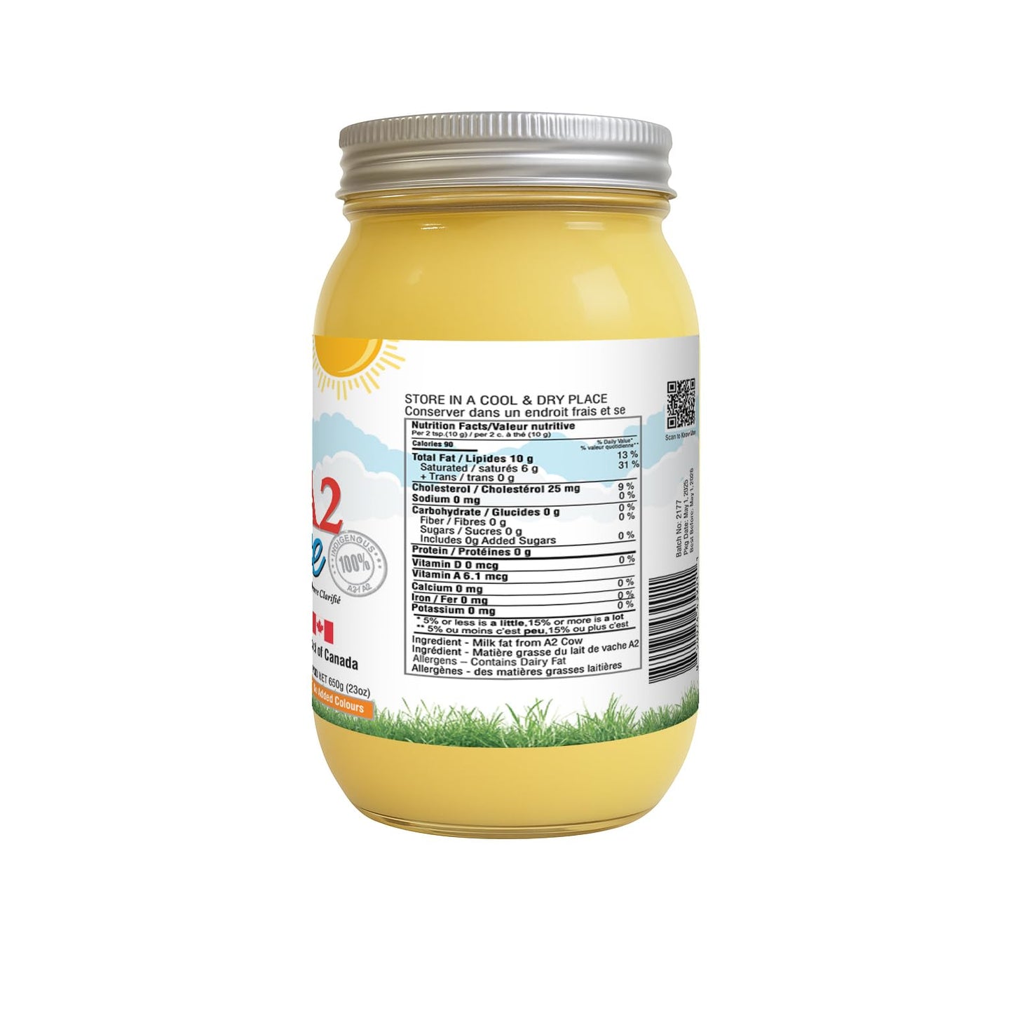AgeScience A2 Ghee – Pure Canadian Clarified Butter, Lactose & Casein Free, 650g Glass Jar