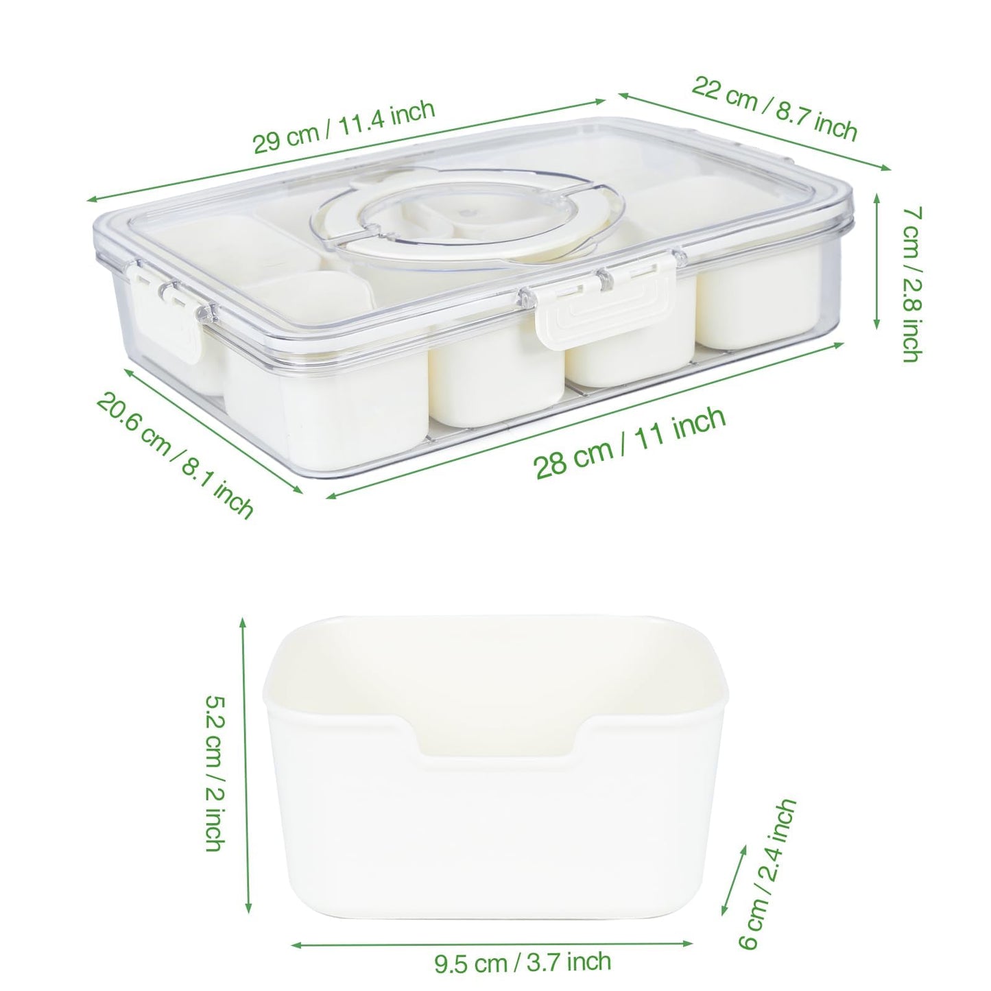 Snackle Box Container with Lid & Handle, Airtight Divided Snack Organizer, Portable Charcuterie Board for Travel, Road Trips, Picnic, Fruits, Veggies, Candy & Nuts, 2 Pack
