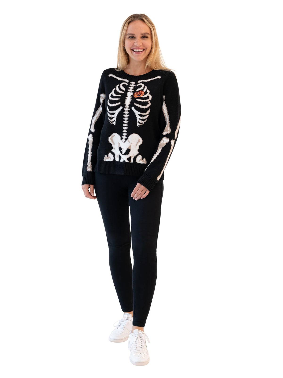 Blizzard Bay Women's Halloween Crew Neck, Long Sleeve, Sweater, Black Skeleton, Small