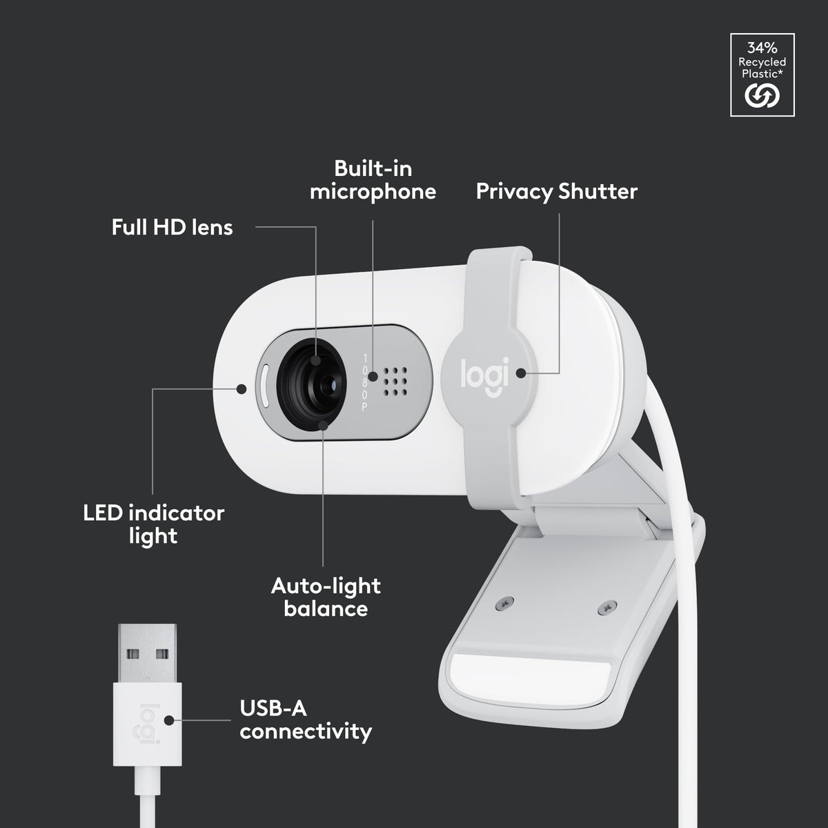 Logitech Brio 100 Full HD 1080p Webcam for Streaming and Meetings - White