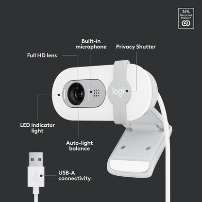 Logitech Brio 100 Full HD 1080p Webcam for Streaming and Meetings - White