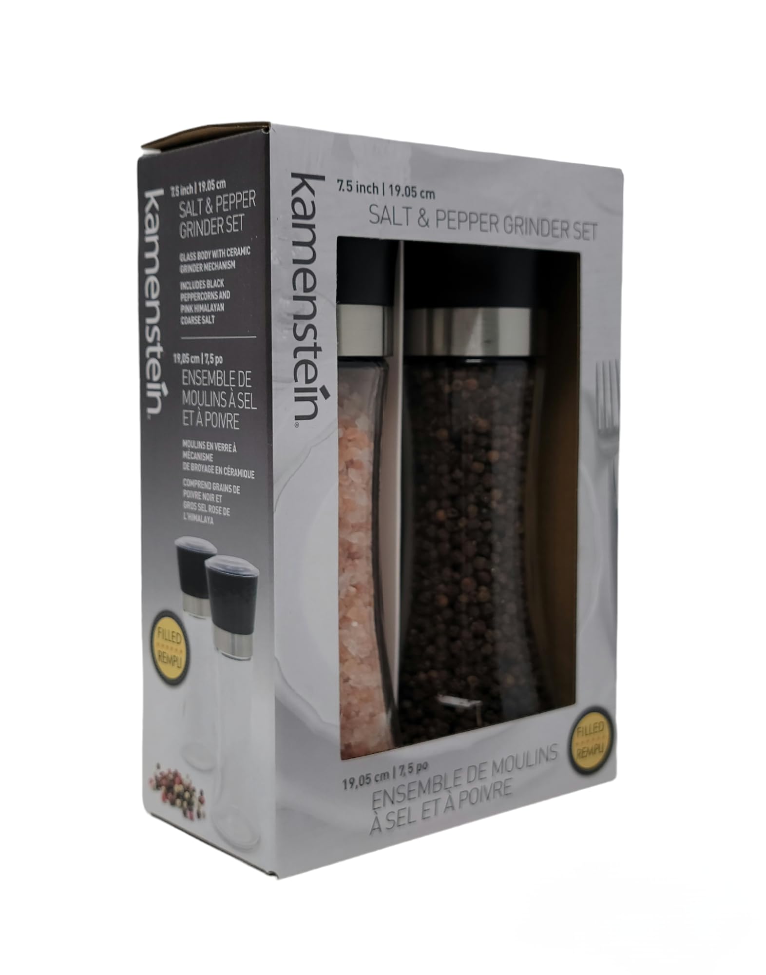 Kamensteín - Salt & Pepper Grinder Set, Includes Black Peppercorns and Pink Himalayan Salt (7.5inch) - Available at All In One Marketplace Canada