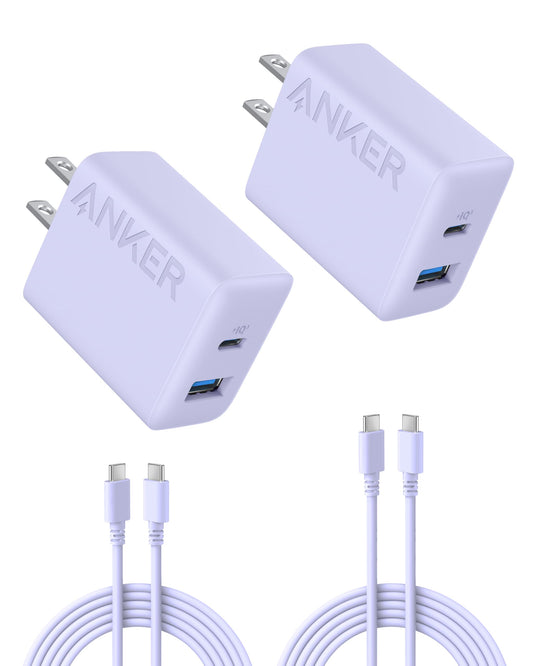 Anker iPhone 16 Charger, 2-Pack 20W Fast USB C Charger Block, for iPhone 16/16 Pro Max/15 Series/iPad Pro and More (Purple, 2 Pack & 2 Cable)