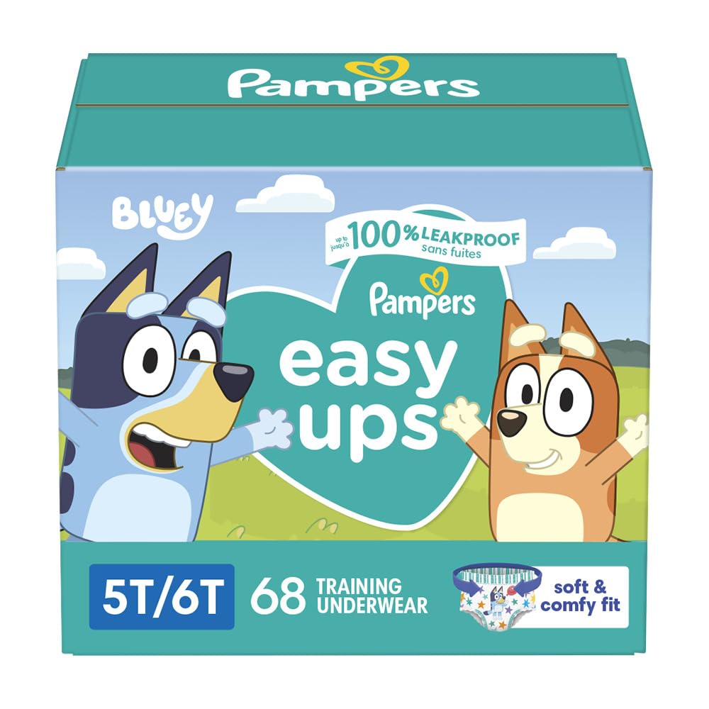 Pampers Easy Ups Girls & Boys Potty Training Pants, Size 7 (5T6T), Bluey Absorbent Training Underwear, Up to 100% Leakproof Day and Night, Hypoallergenic, 1 Pack (Count of 70)