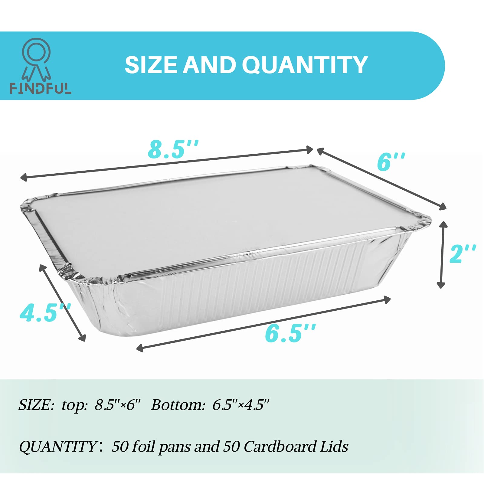 Aluminum Pans with Lids (50-Pack, 8.5"×6") 2.25 LB Capacity Foil Food Containers with Lids - 50 Pans and 50 Cardboard Covers - Disposable Tin Foil Pans - for Baking, Meal Prep and Freezer, Takeout - Available at All In One Marketplace Canada