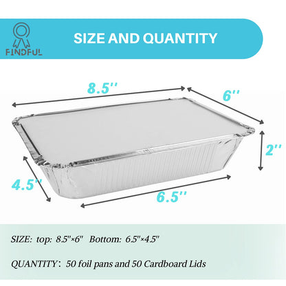 Aluminum Pans with Lids (50-Pack, 8.5"×6") 2.25 LB Capacity Foil Food Containers with Lids - 50 Pans and 50 Cardboard Covers - Disposable Tin Foil Pans - for Baking, Meal Prep and Freezer, Takeout - Available at All In One Marketplace Canada