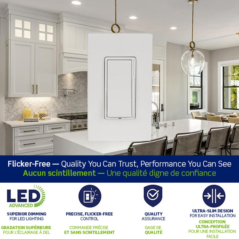 Leviton Decora Dimmer with Slide Bar and Rocker Switch, 15 Amp, DSL01-L0W, White