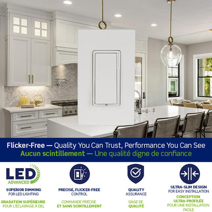 Leviton Decora Dimmer with Slide Bar and Rocker Switch, 15 Amp, DSL01-L0W, White